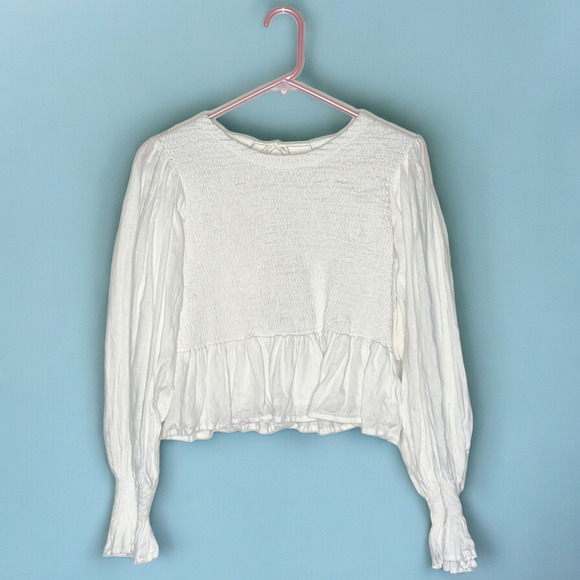 Faithfull the Brand Savita Smocked Linen Puff Sleeve Open Back Top White Small - Picture 3 of 14